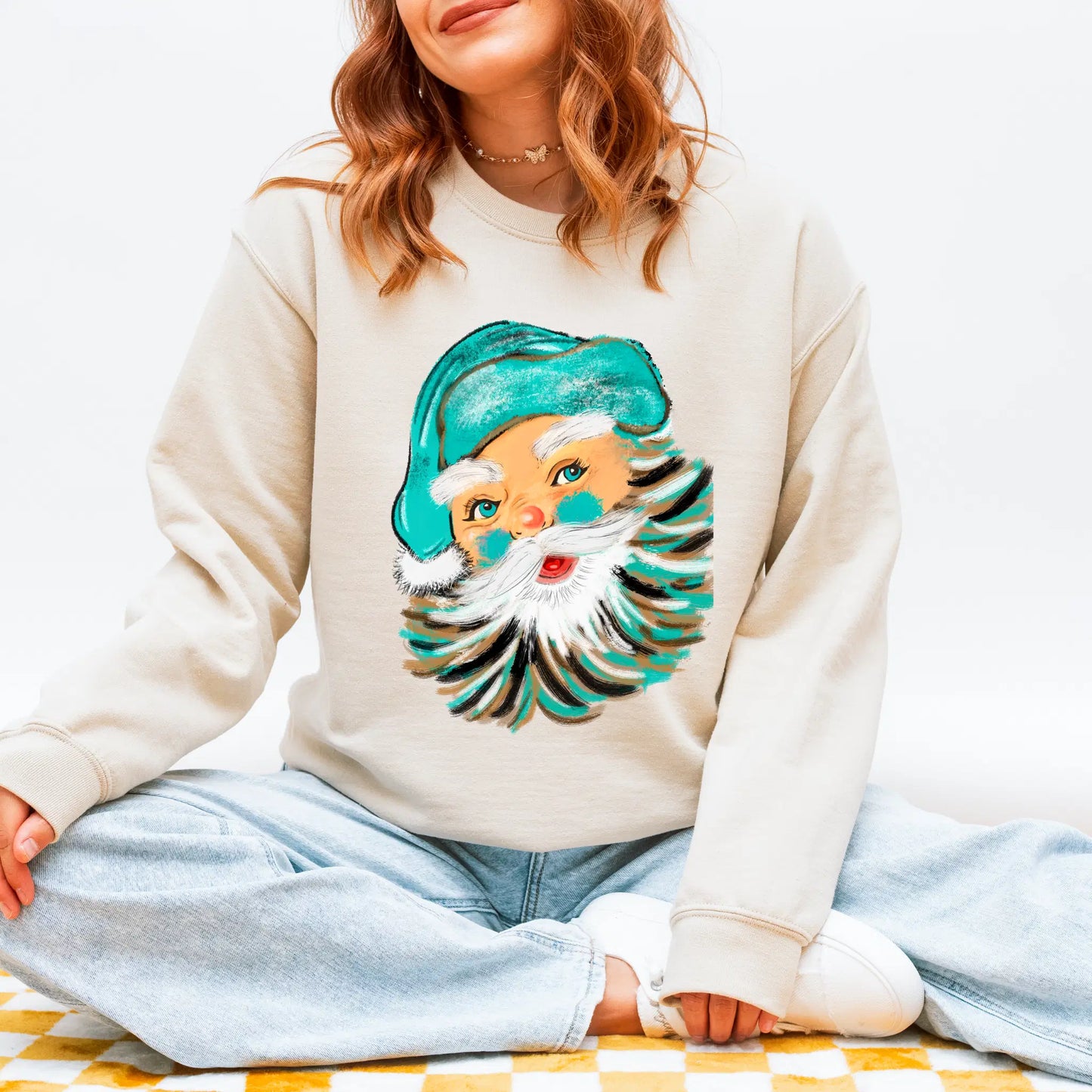 ✨ Retro Teal Santa Sweatshirt – Vintage Christmas Vibes ✨