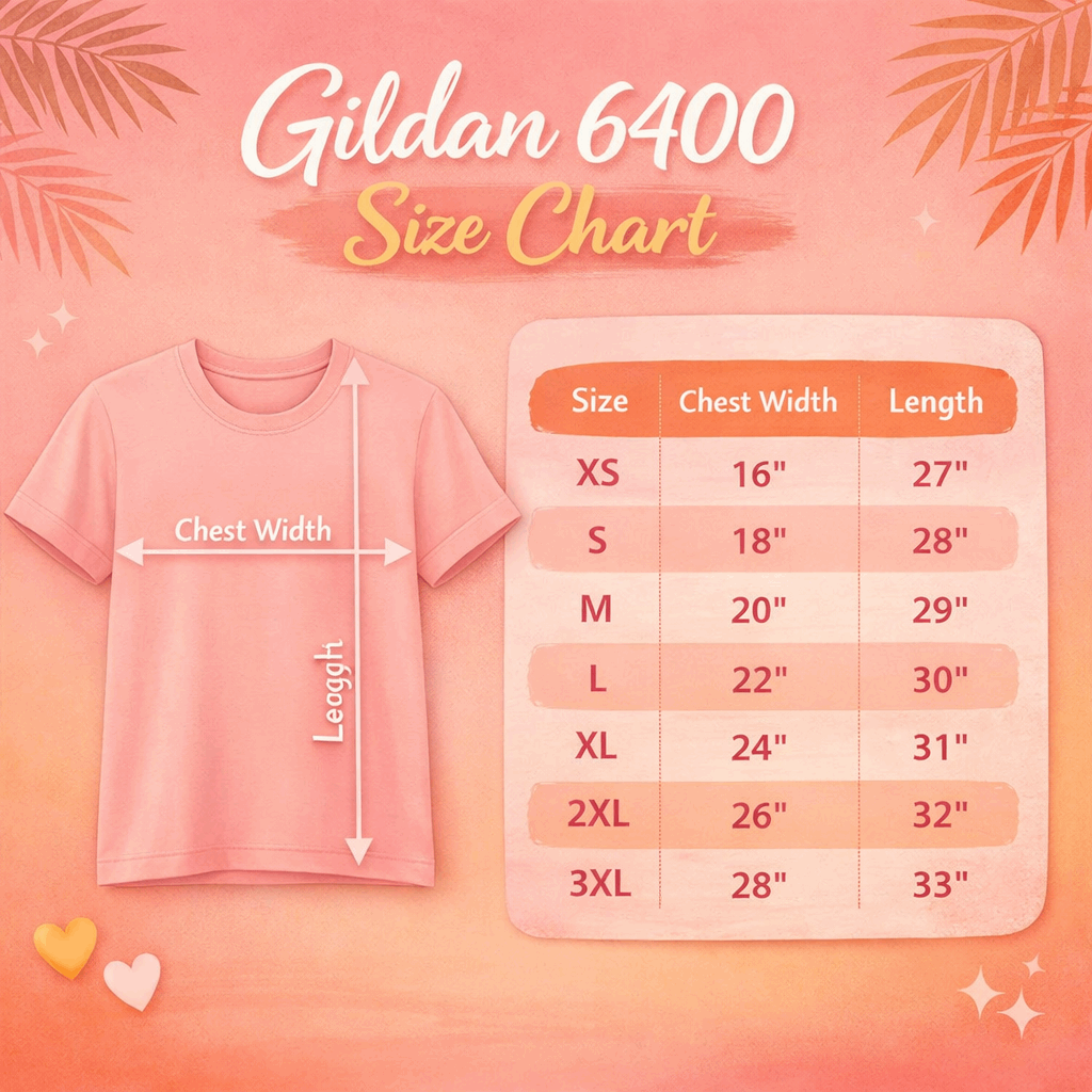 Gildan 6400 size chart for a pink t-shirt with measurements on a gradient background