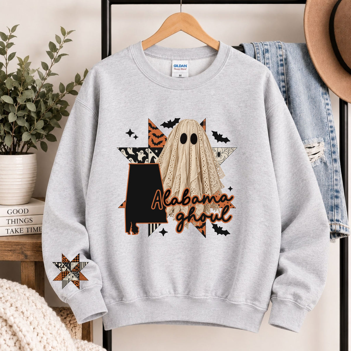 Light gray crewneck sweatshirt with Alabama state ghost Halloween graphic