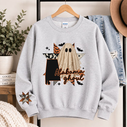 Light gray crewneck sweatshirt with Alabama state ghost Halloween graphic