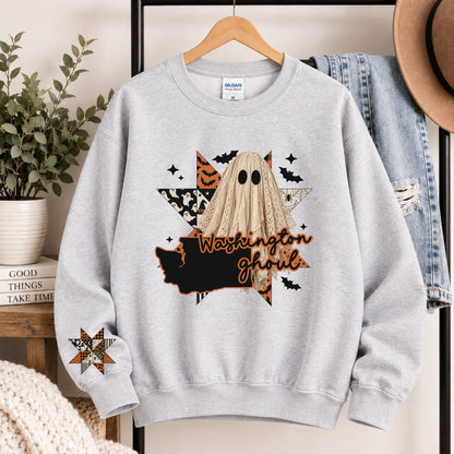Light gray crewneck sweatshirt with Washington ghoul graphic and state silhouette