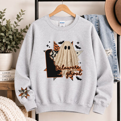 Light gray crewneck sweatshirt with Delaware state ghost Halloween graphic
