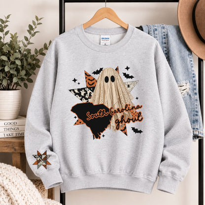 Light gray crewneck sweatshirt with hooded ghost and South Carolina ghoul graphic