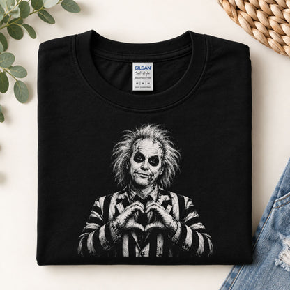 Black crewneck sweatshirt with monochrome portrait graphic on the chest