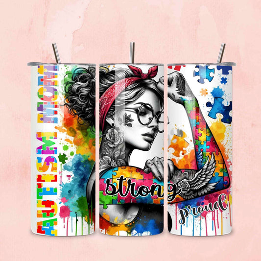 Autism Awareness Strong & Proud Tumbler – 20oz Puzzle Piece Stainless Steel Cup (Mom, Dad, Grandma, Kids)