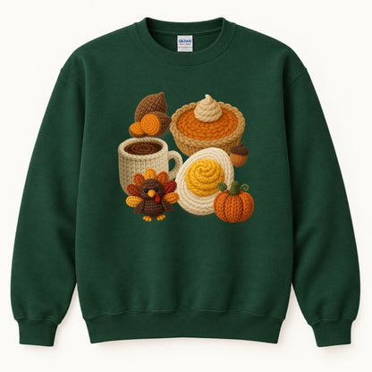 Green crewneck sweatshirt laid flat with crocheted Thanksgiving graphic of mug, pie, and turkey
