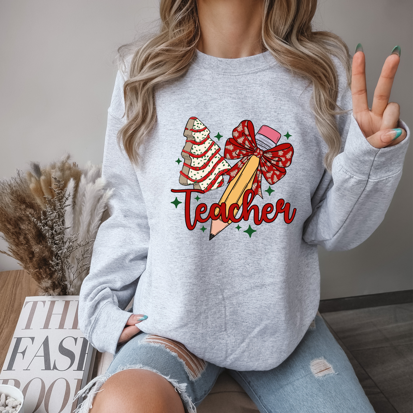 Christmas Teacher Sweatshirt – Holiday Classroom Crewneck with Festive Pencil & Cookie Tree Design