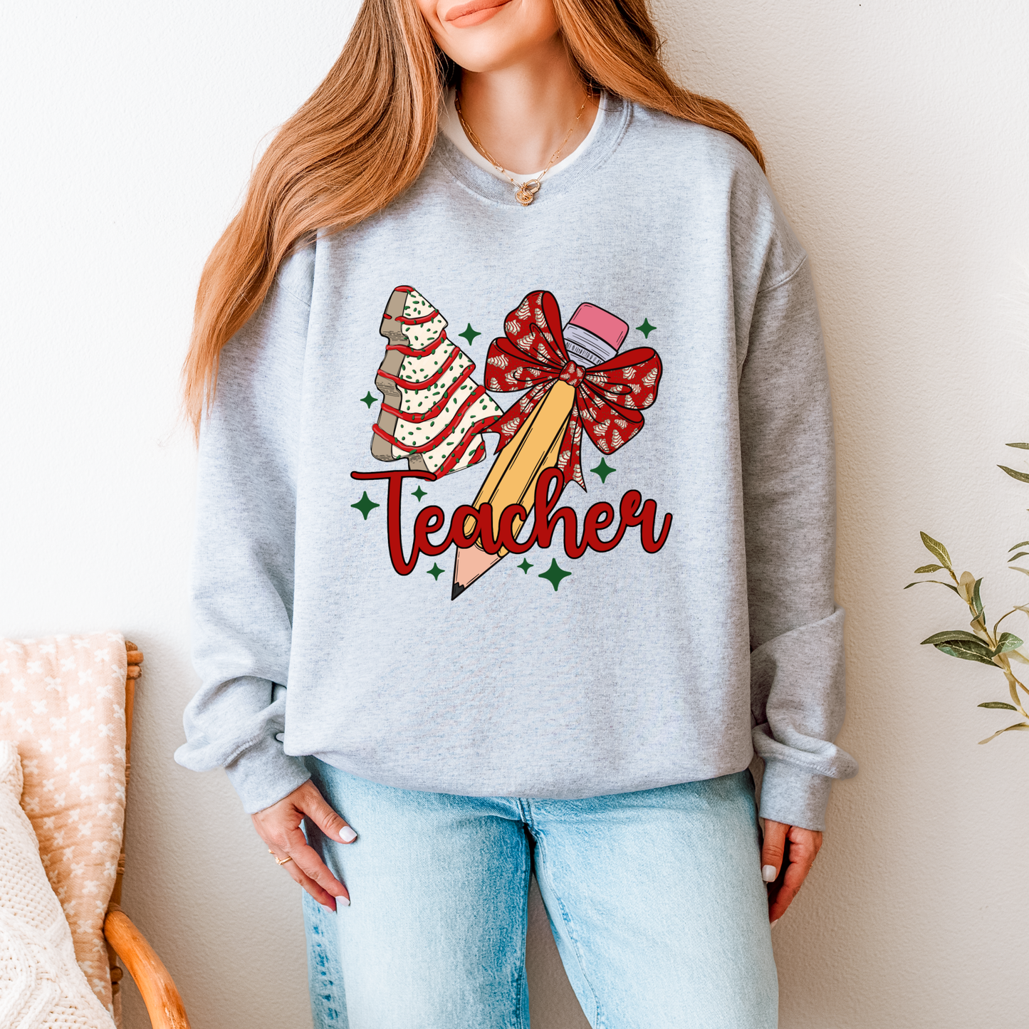 Christmas Teacher Sweatshirt – Holiday Classroom Crewneck with Festive Pencil & Cookie Tree Design