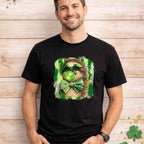 St. Patricks Day sloth shirt featuring a sloth in shamrock glasses and green bow on a festive background.