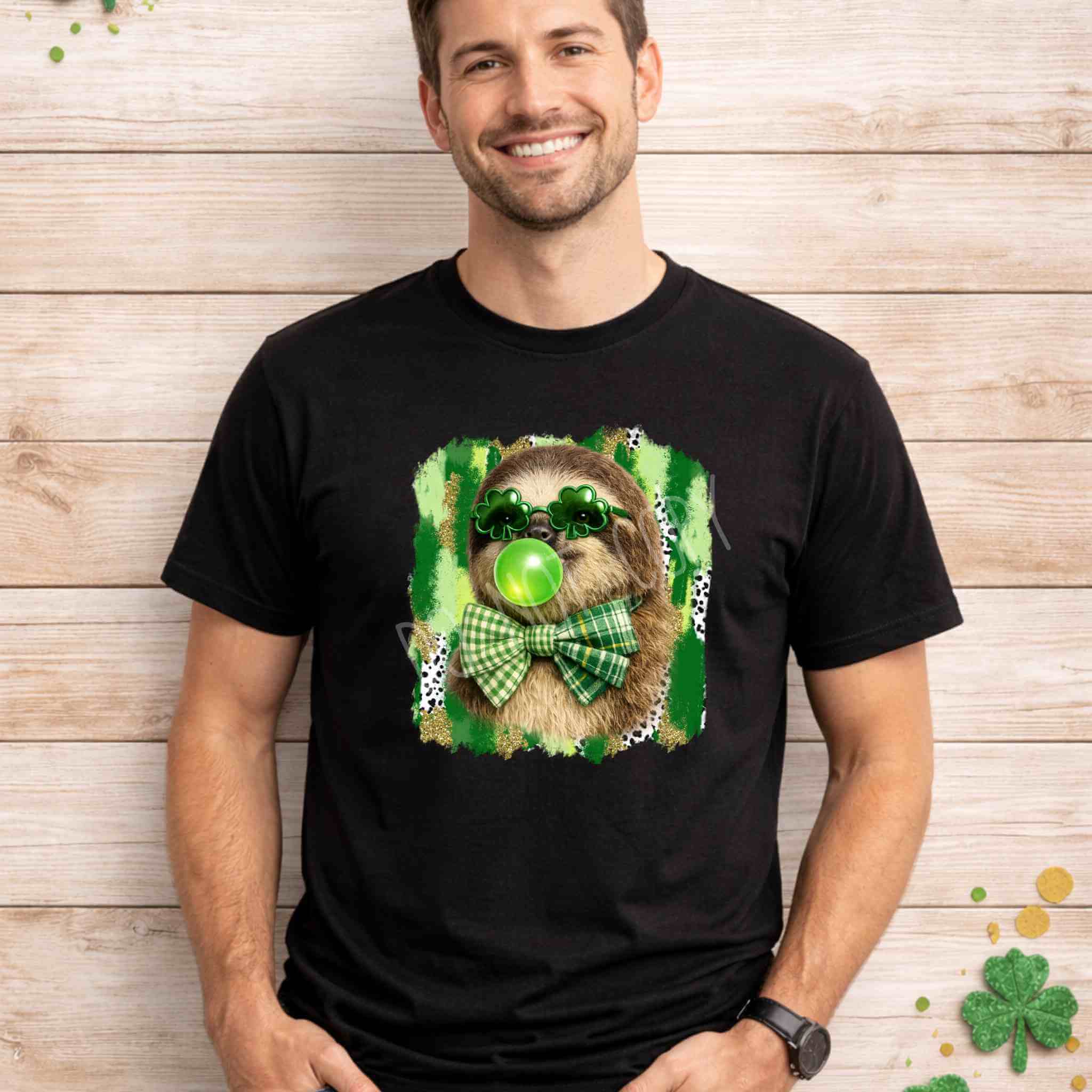 St. Patricks Day sloth shirt featuring a sloth in shamrock glasses and green bow on a festive background.