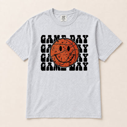Heather gray T-shirt with orange basketball smiley face and black GAME DAY graphic