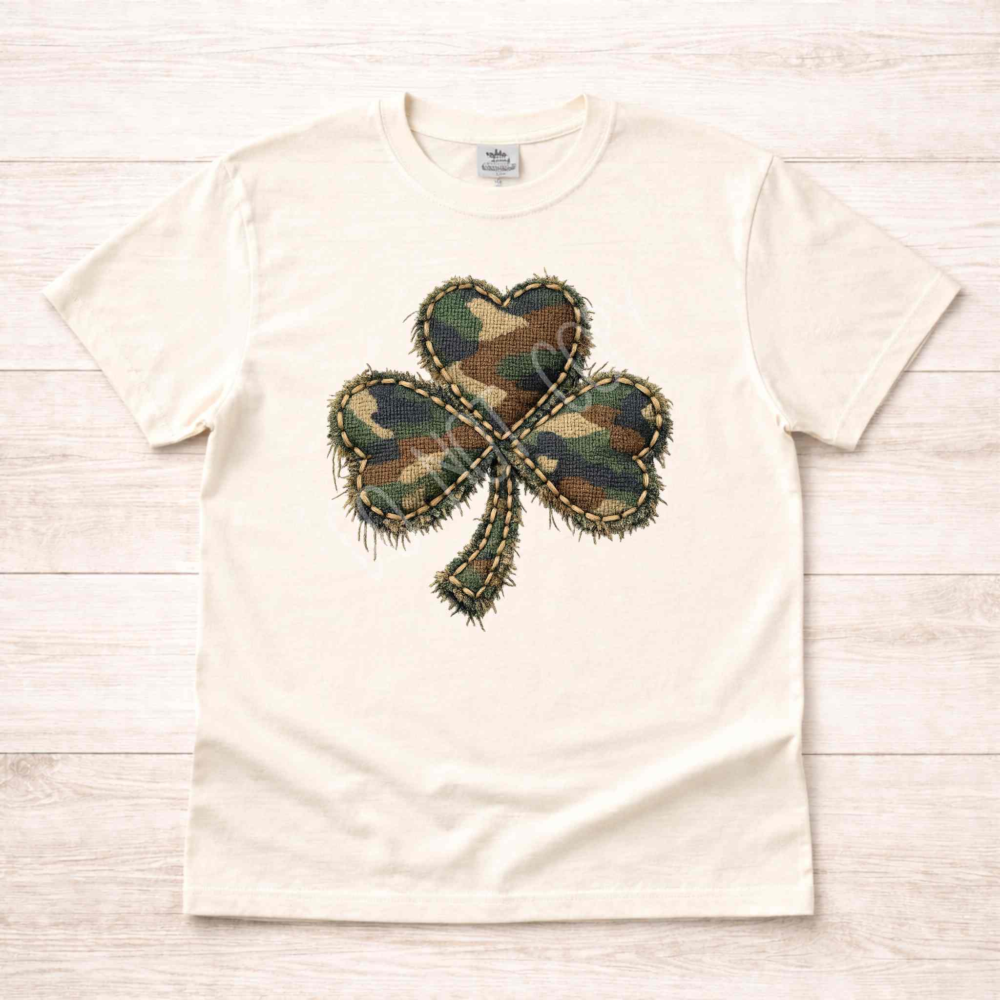 Rustic Camo Shamrock T-Shirt – St. Patrick’s Day Clover Shirt | Vintage Patch Style Shamrock Tee