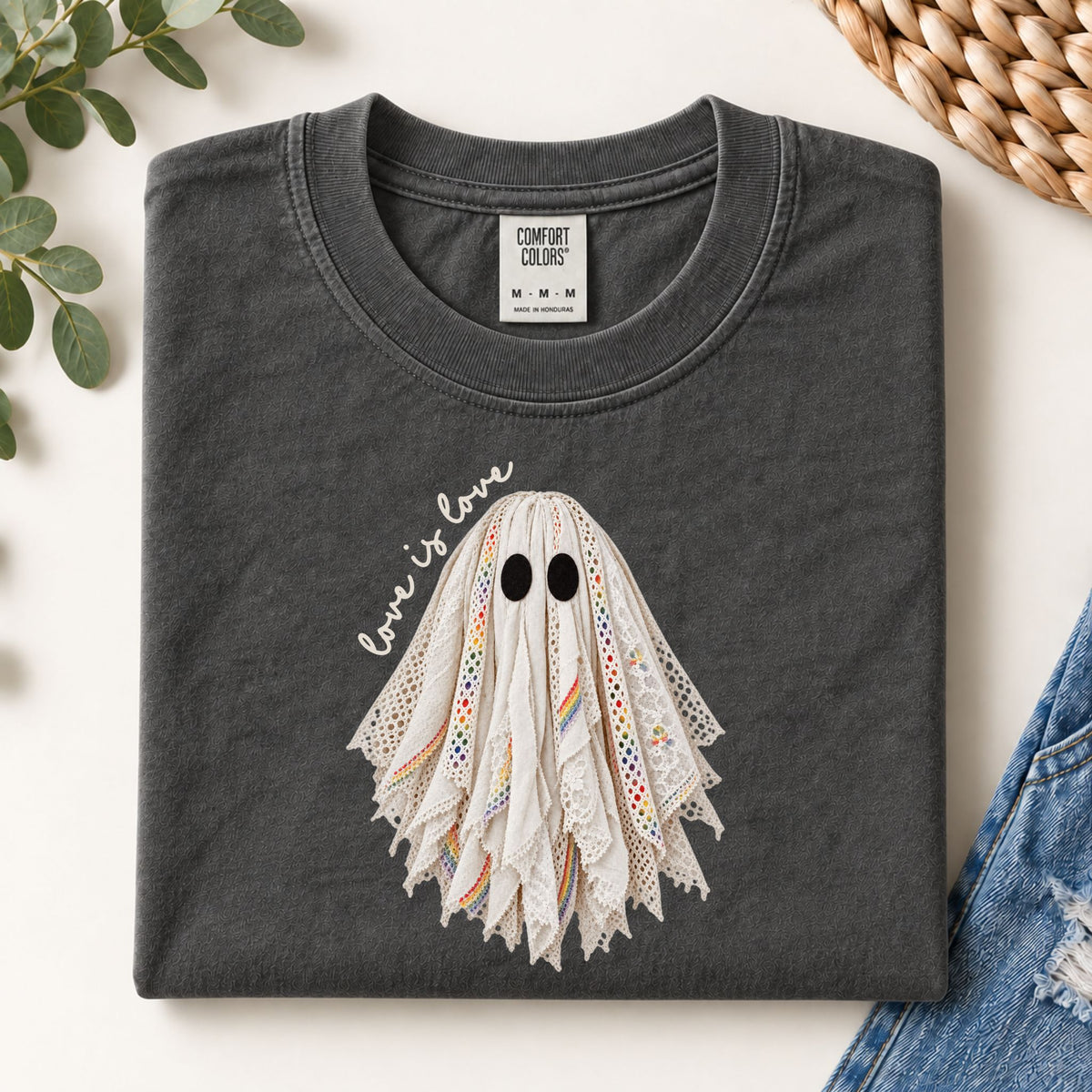 Dark gray crew-neck graphic tee with layered lace ghost face print