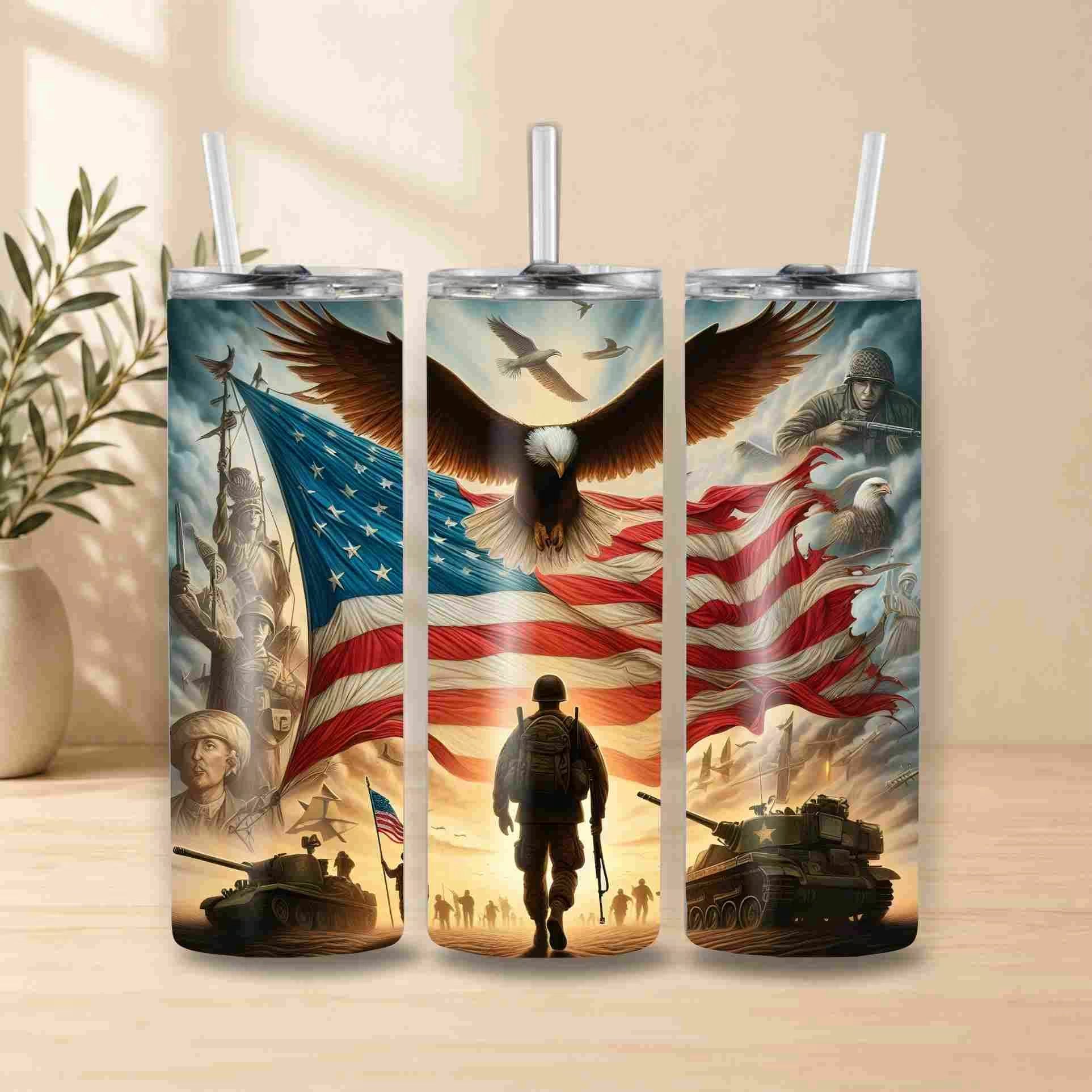 Three tumbler with lids featuring a design of an American flag, eagle, soldier, and tanks on a wooden surface.