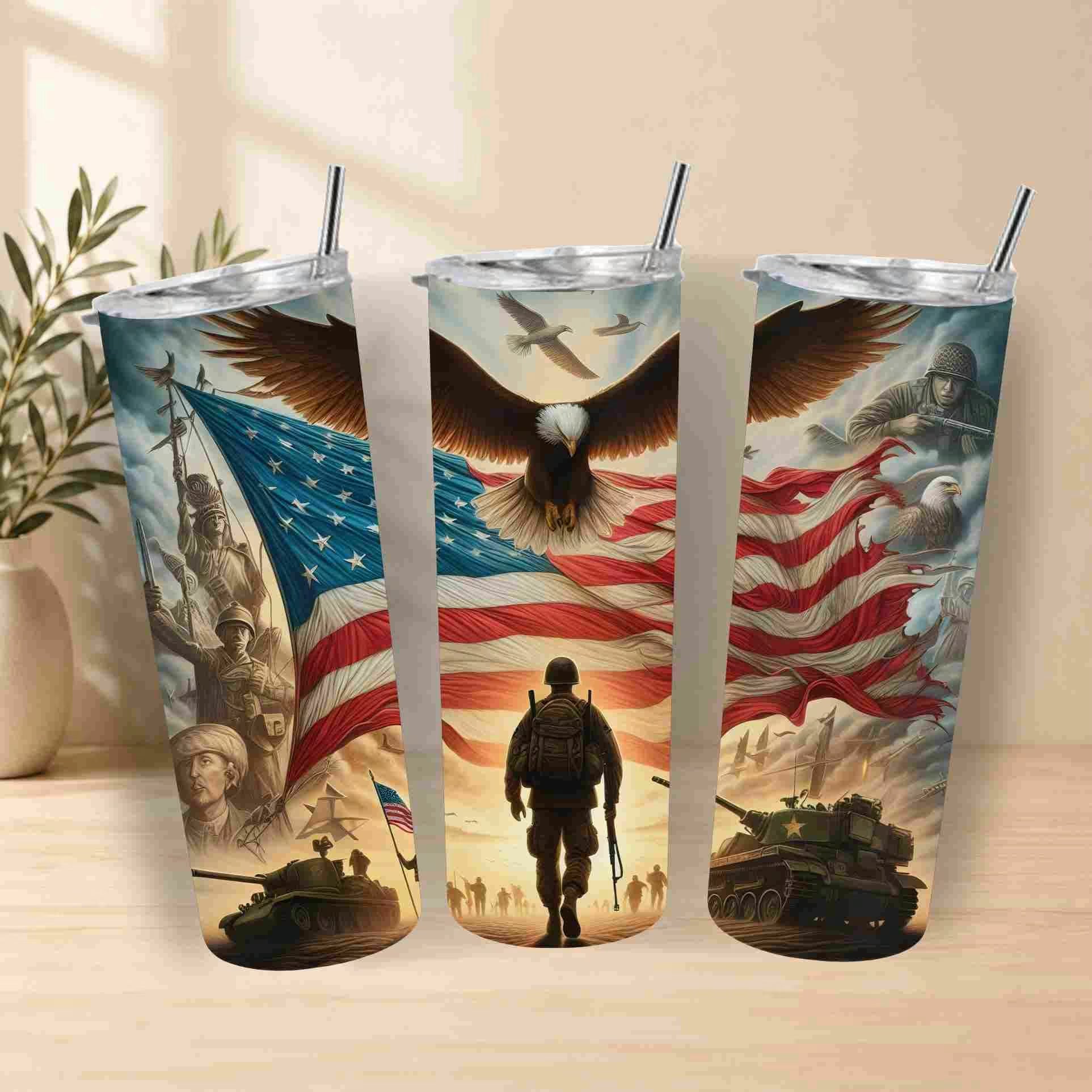 Three tumblers with military-themed designs featuring eagles, American flags, soldiers, and tanks on a wooden surface.