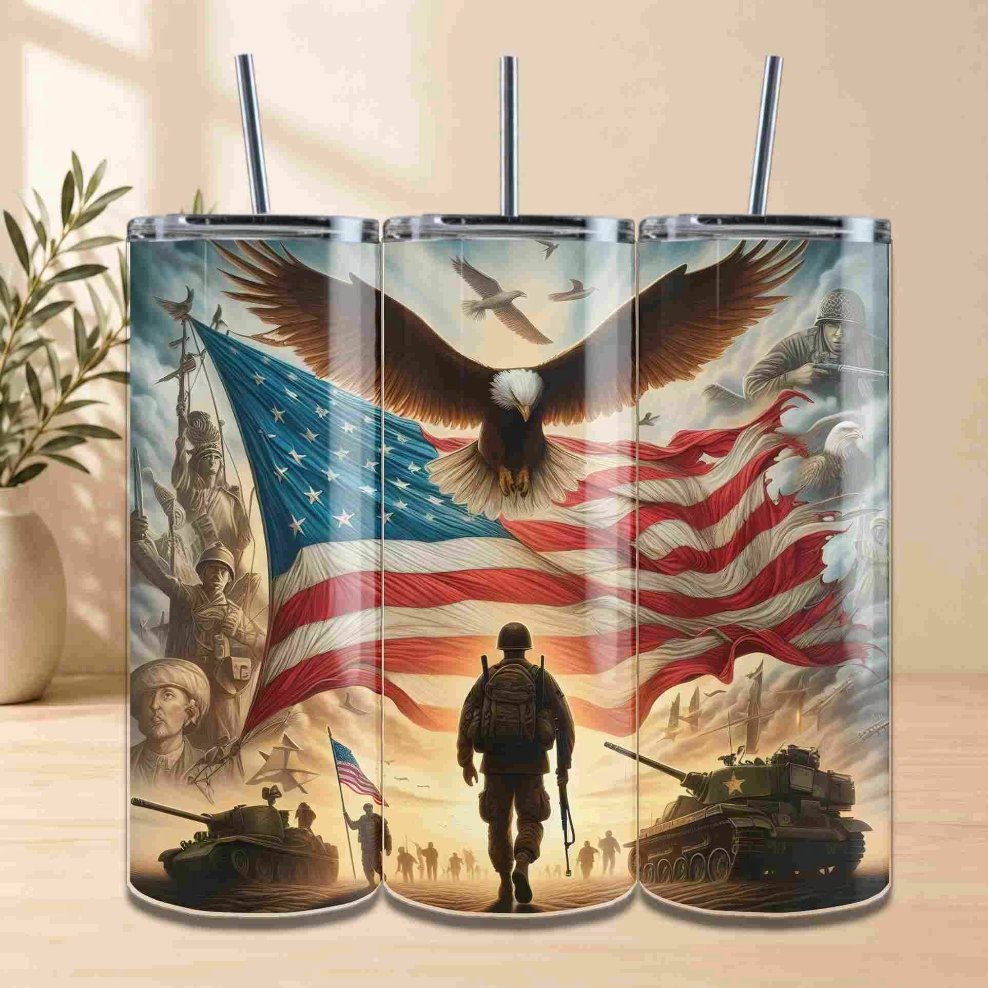 Tumbler with military-themed design featuring an eagle, American flag, and soldier.