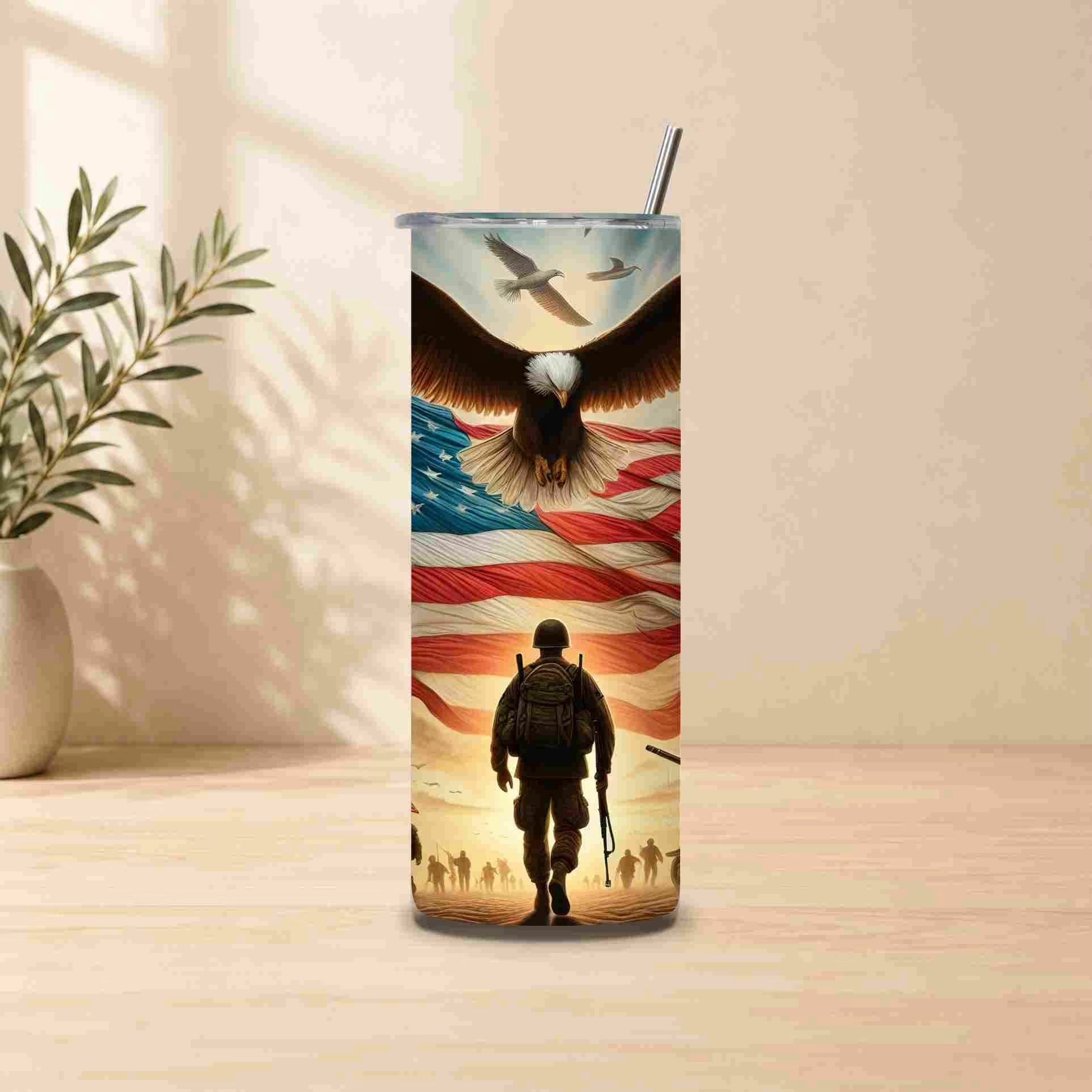 Tumbler with an eagle and American flag design on a wooden surface.