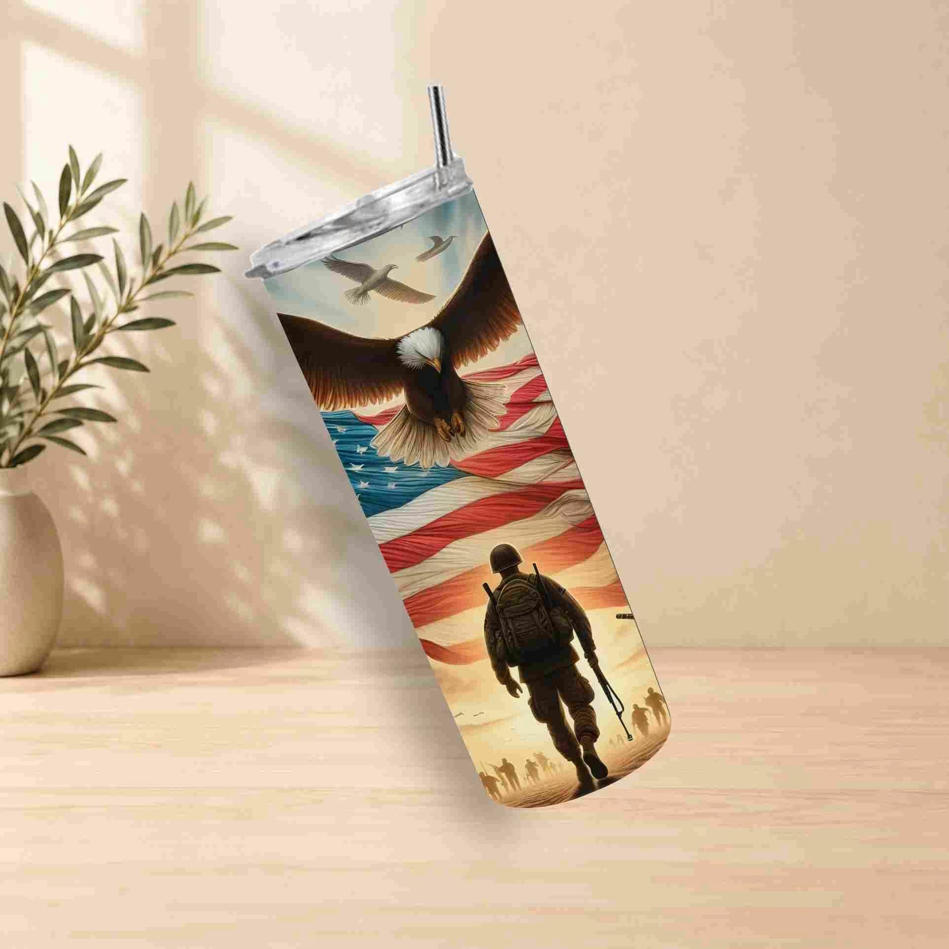 Tumbler with American flag and soldier design on a wooden surface.