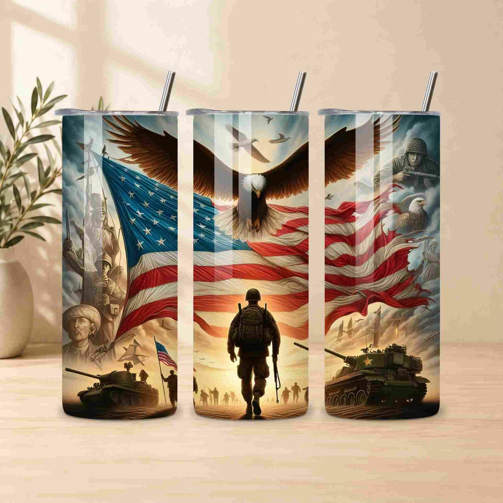 Three tumblers with military-themed designs featuring an American flag, eagle, and soldier.
