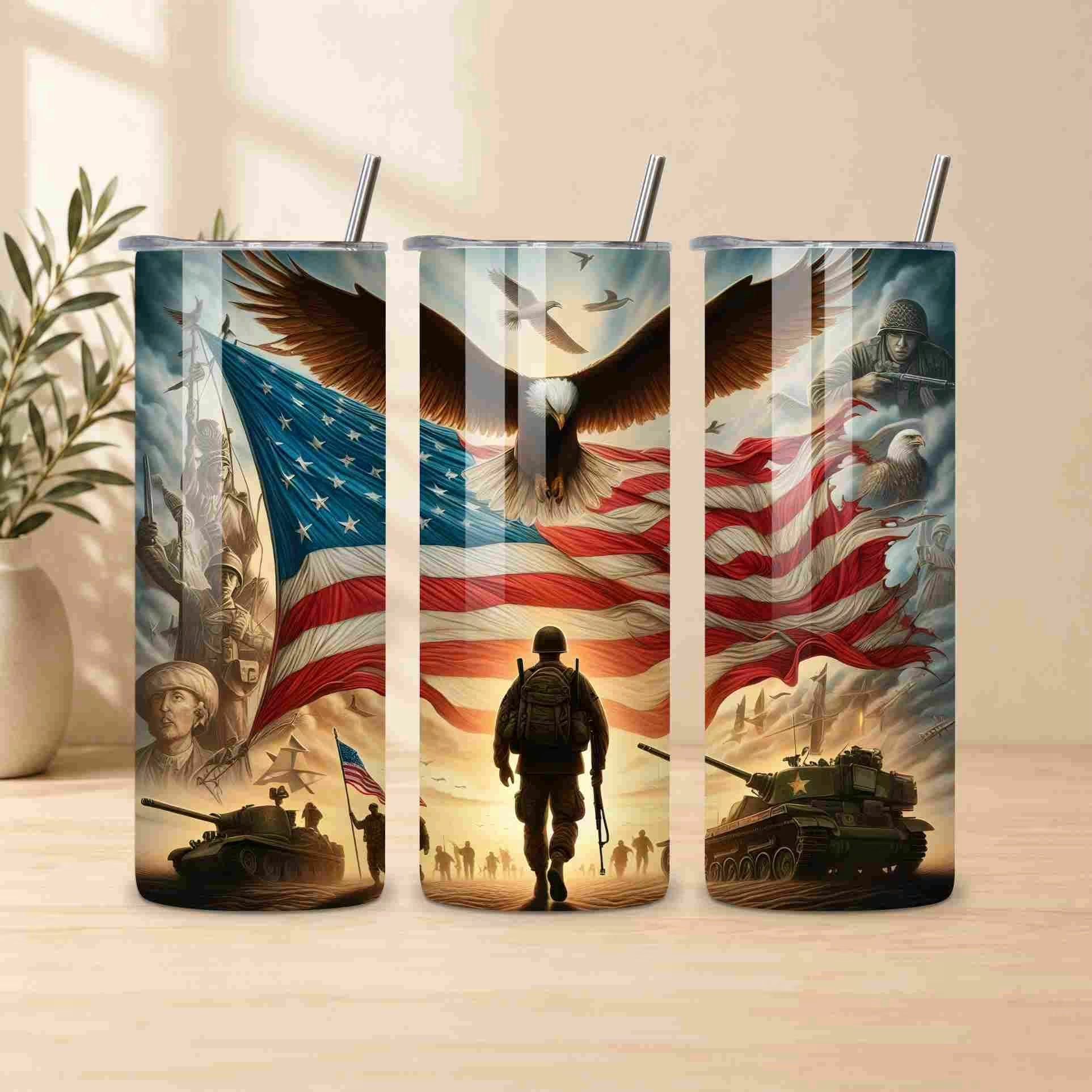 Three tumblers with military-themed designs featuring an American flag, eagle, and soldier.
