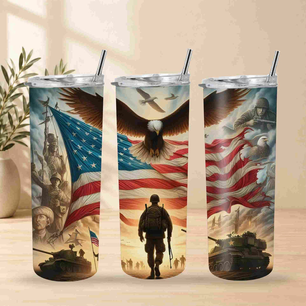 Three tumblers with military-themed designs featuring eagles, American flags, soldiers, and tanks on a wooden surface.