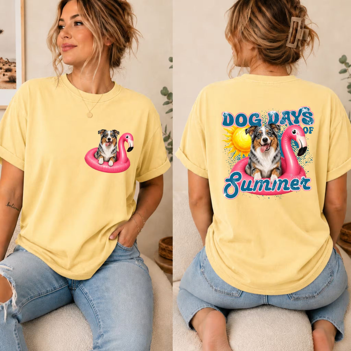 Yellow graphic dog summer t-shirt with white-and-brown dog on pink pool float, rear "SUMMER"