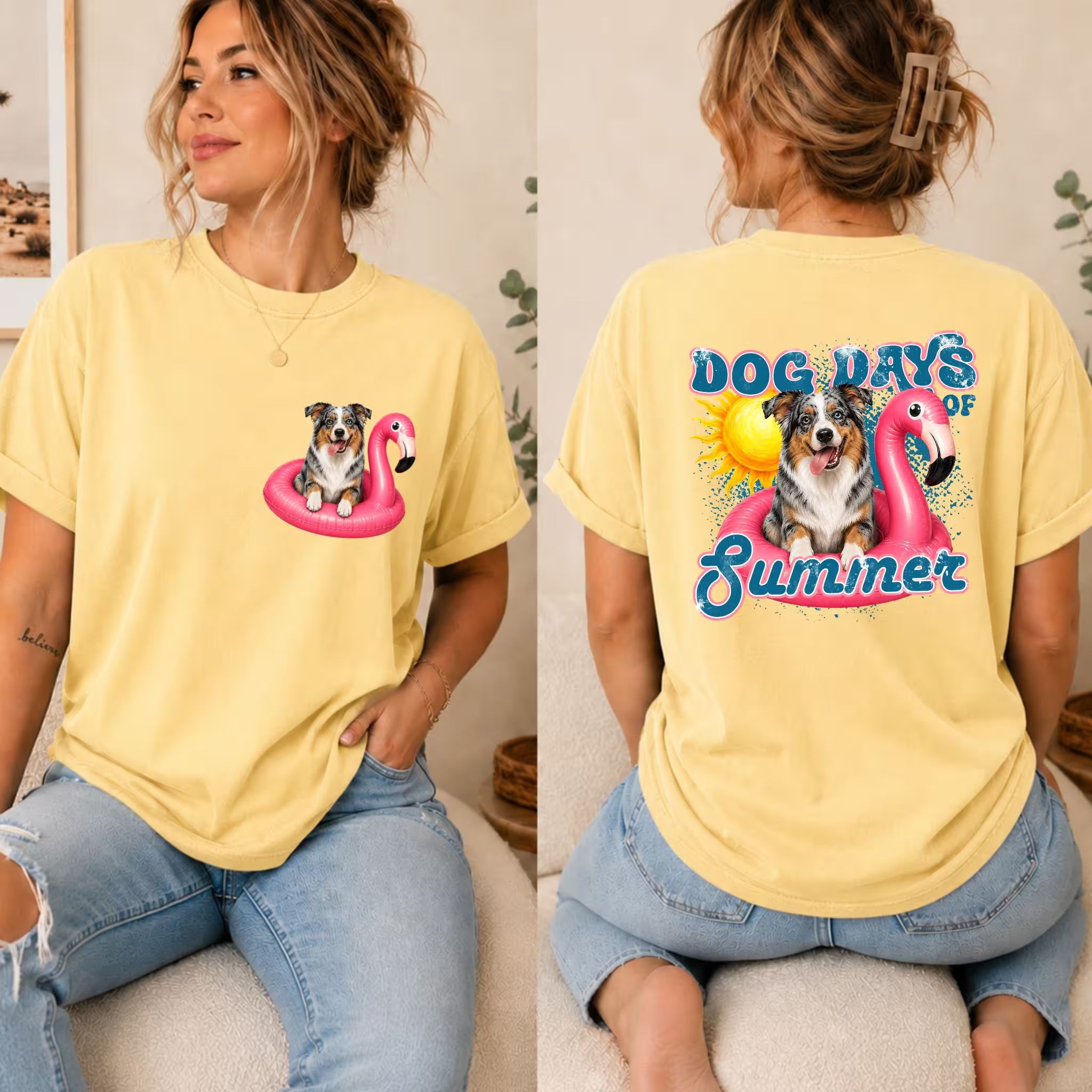 Woman wearing a yellow t-shirt with a dog on a flamingo float graphic and 'Dog Days of Summer' text.
