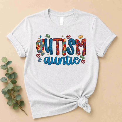 Ash Grey t-shirt with 'Autism Auntie' text on a beige background