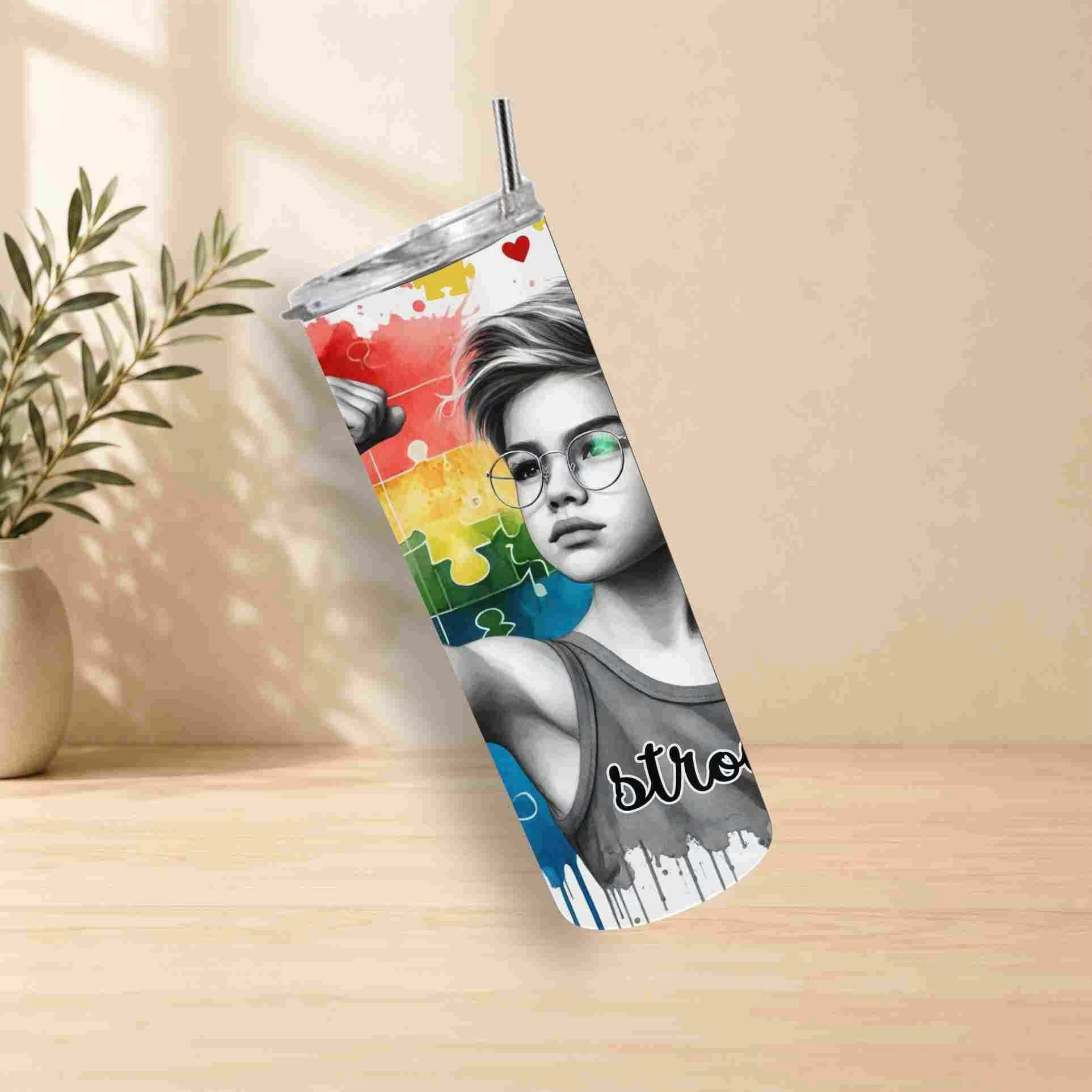 Tumbler with a colorful design featuring a person's face on a wooden surface.