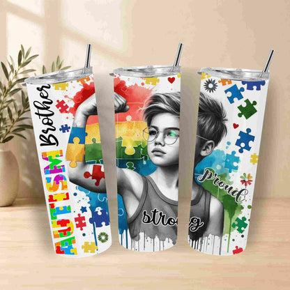 Three tumblers with autism awareness designs featuring a young boy and text.
