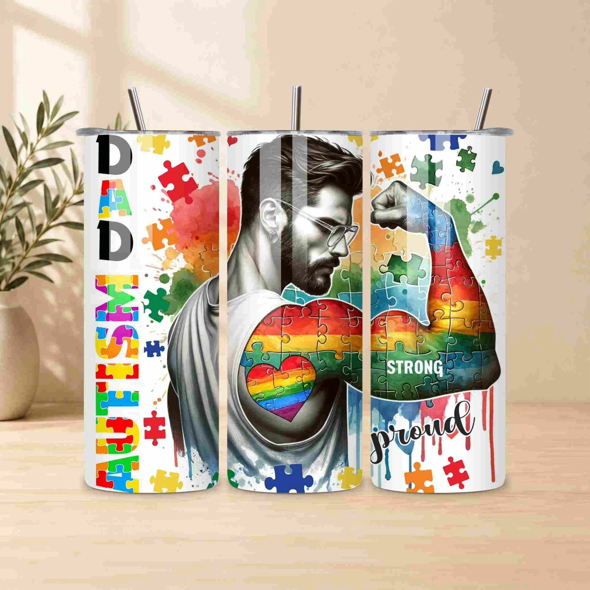 Tumbler with a design featuring a man, rainbow heart, and puzzle pieces on a wooden surface.