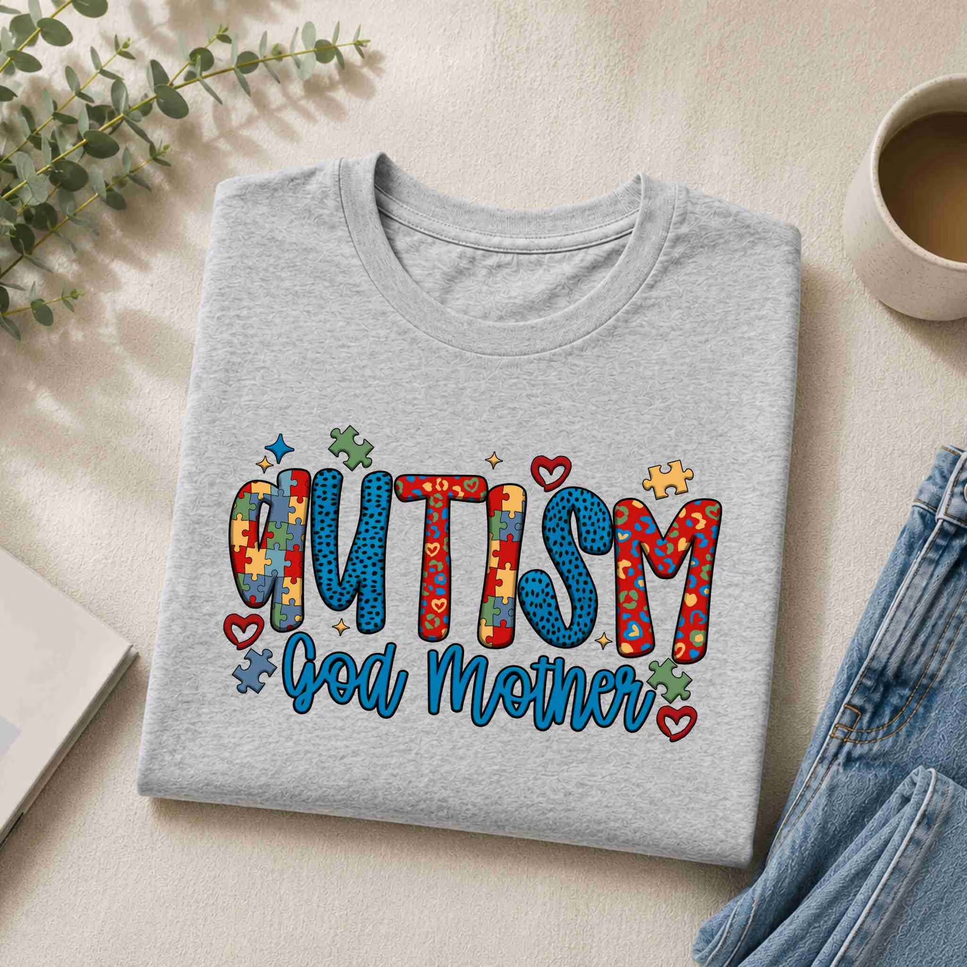 Gray t-shirt with 'Autism God Mother' text on a light surface with a cup and plant.