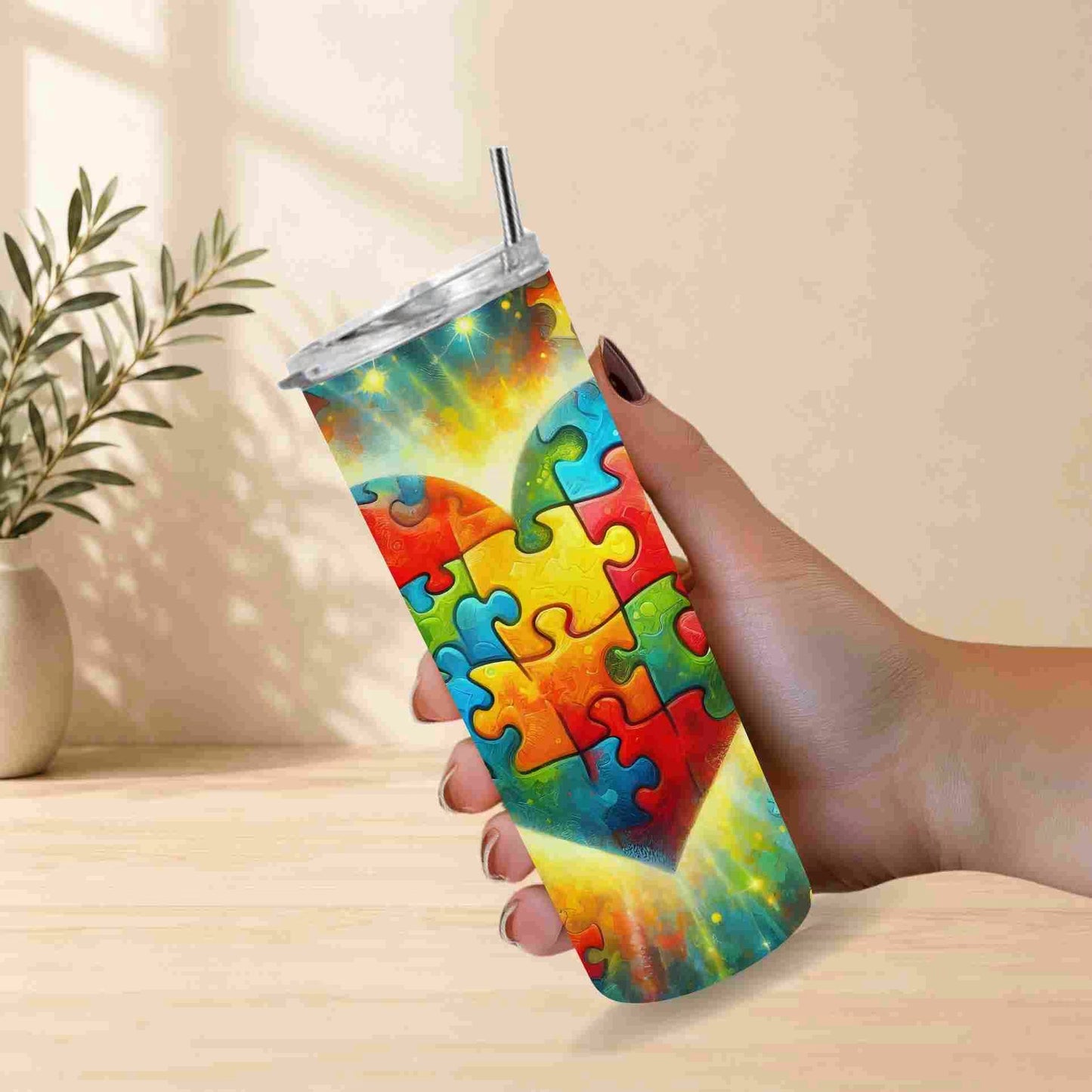 Colorful puzzle-patterned tumbler held by a hand with a light background