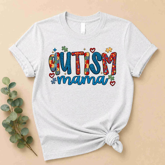 Ash Grey t-shirt with 'Autism mama' text on a beige background
