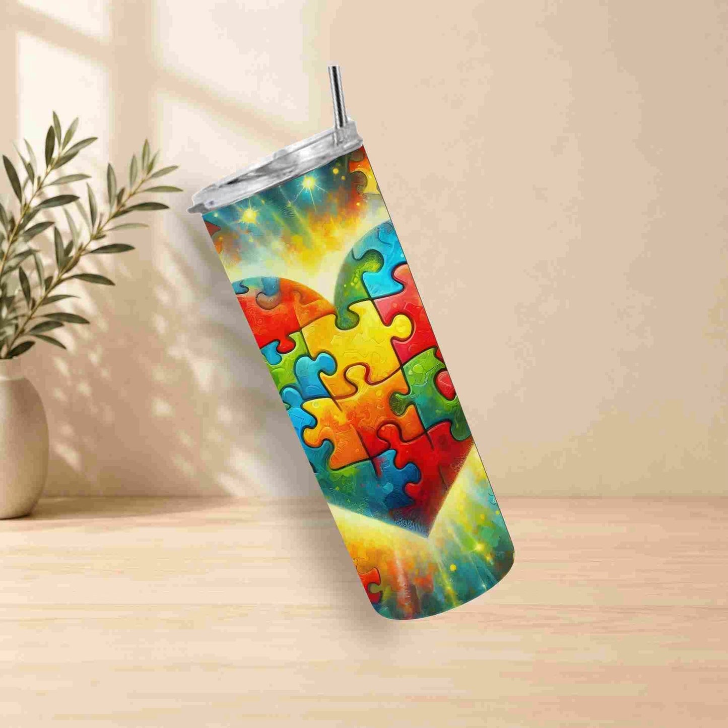 Tumbler with colorful puzzle design on a wooden surface with a plant in the background