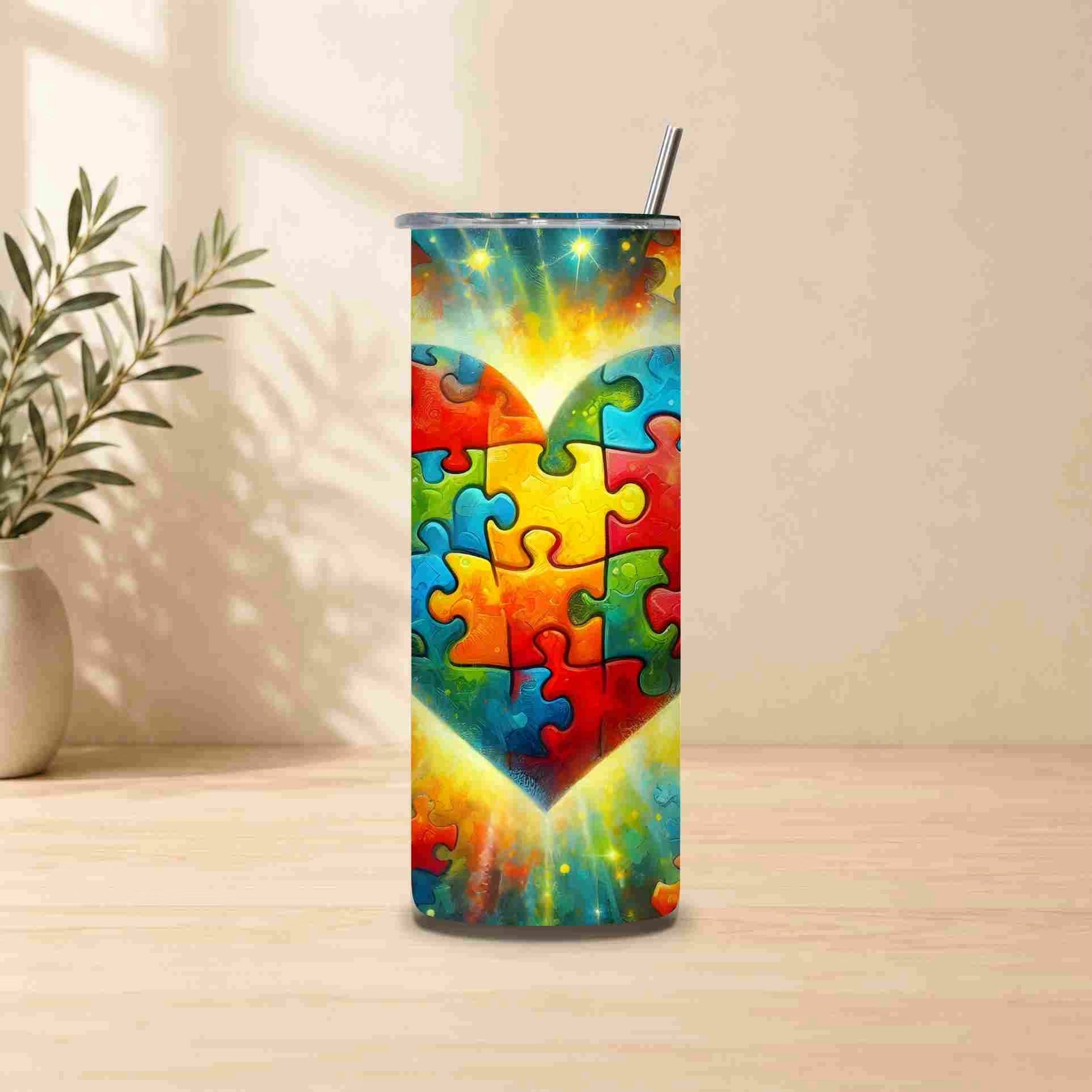 Tumbler with colorful puzzle heart design on a wooden surface with a plant in the background