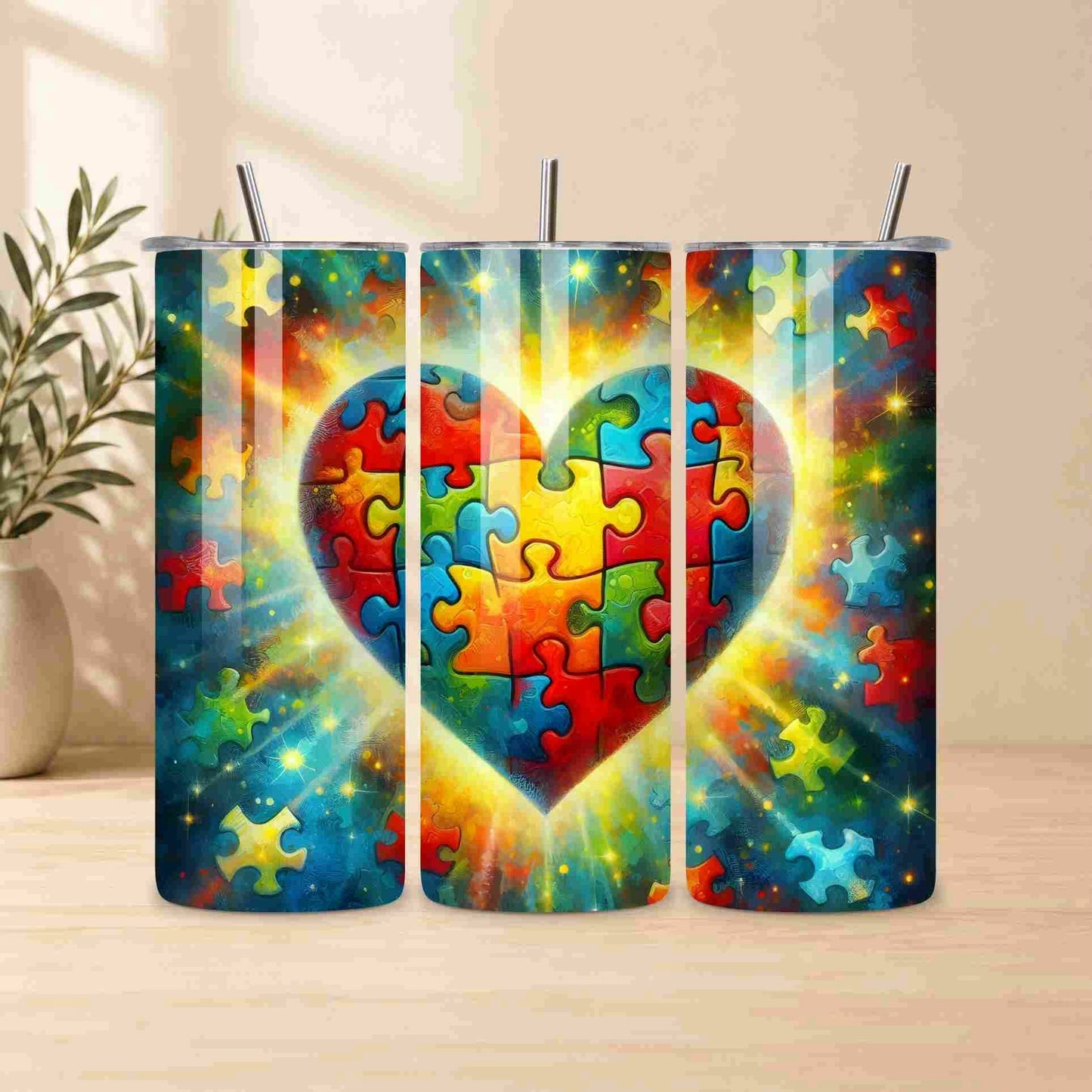 Colorful tumbler with a heart-shaped puzzle design on a wooden surface.
