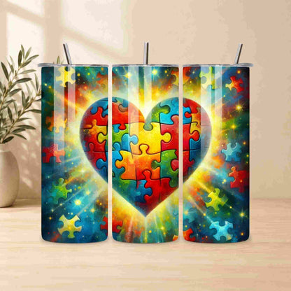 Colorful tumbler with a heart-shaped puzzle design on a wooden surface.