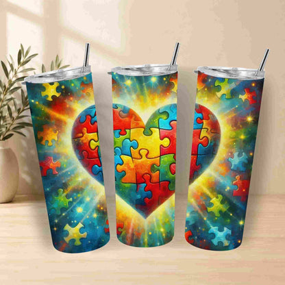 Three colorful tumblers with a heart design made of puzzle pieces on a wooden surface.