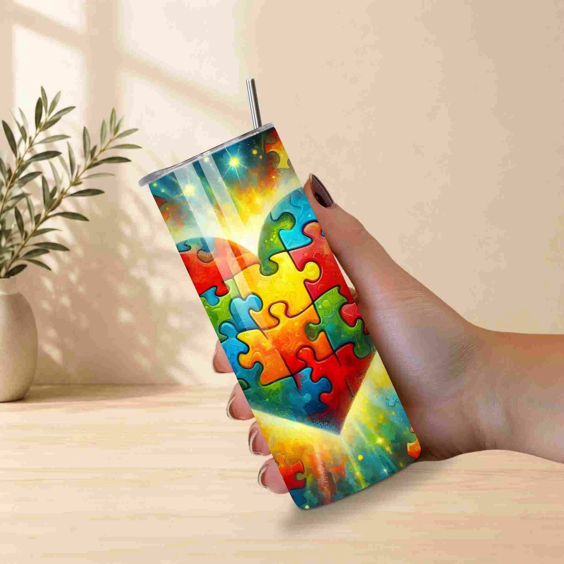 Colorful tumbler with a puzzle design held by a hand on a light wooden surface.