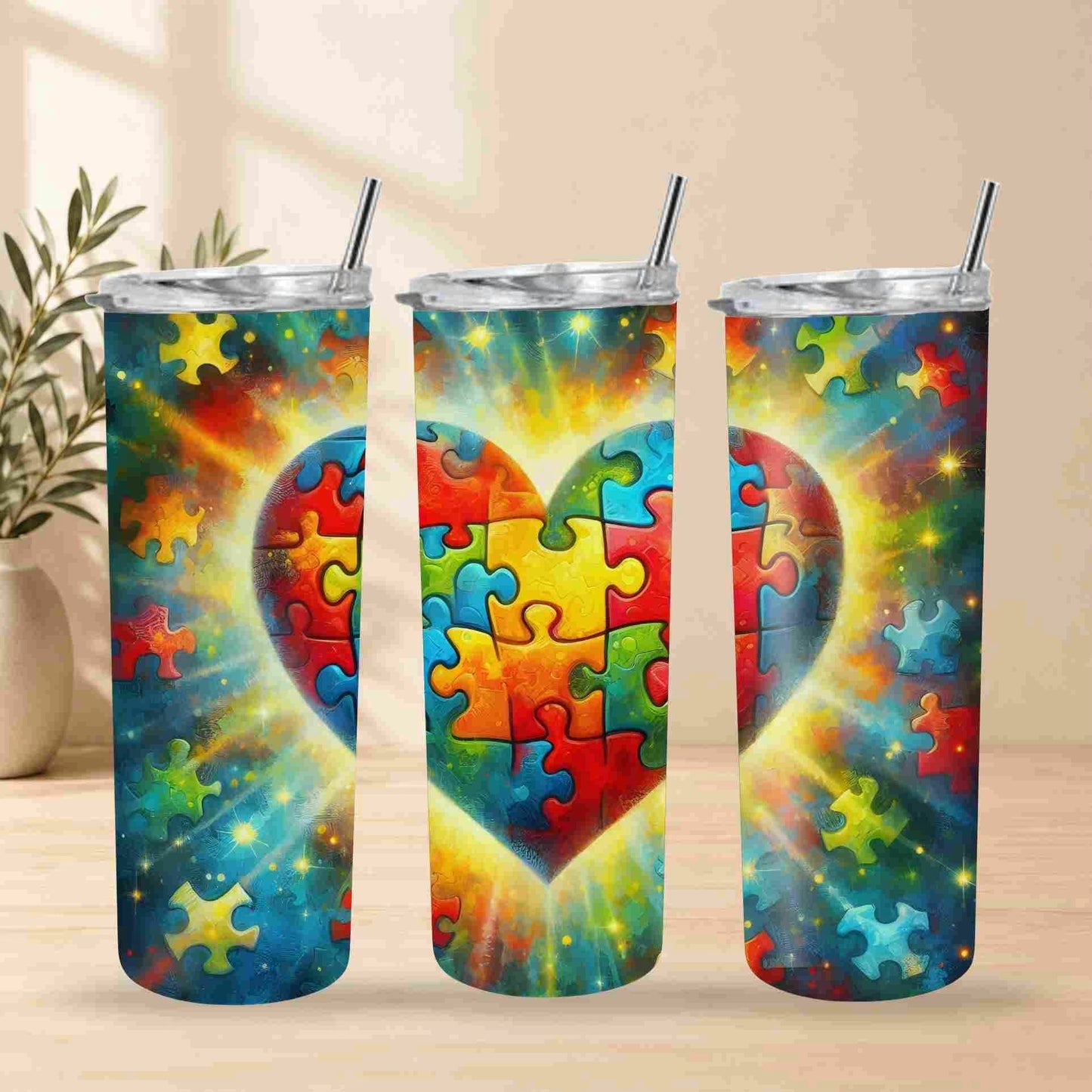 Three colorful tumblers with a heart and puzzle design on a wooden surface.