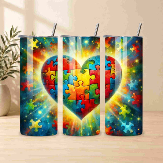 Three colorful tumblers with a heart and puzzle design on a wooden surface.