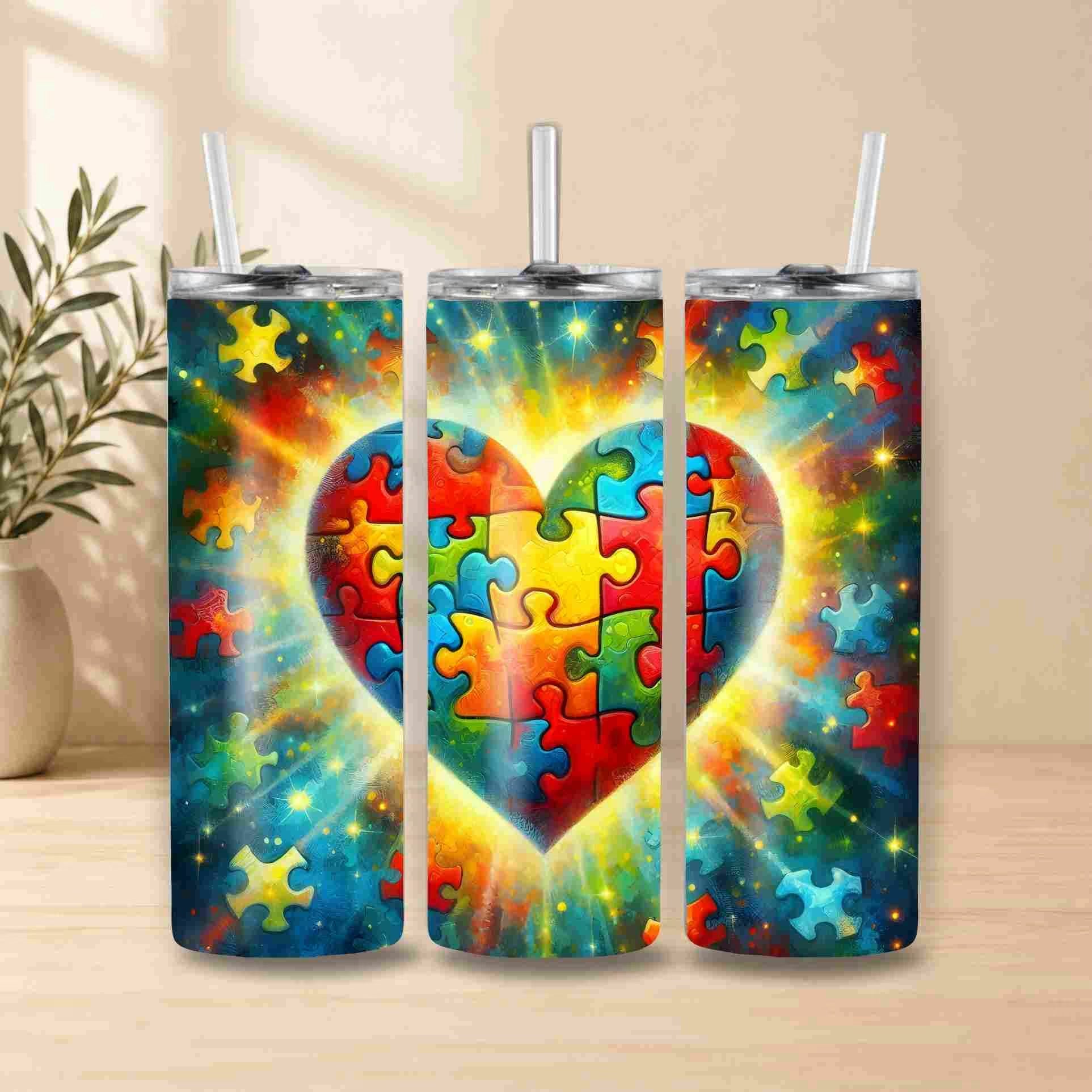 Three tumblers with a colorful heart design featuring puzzle pieces on a wooden surface.