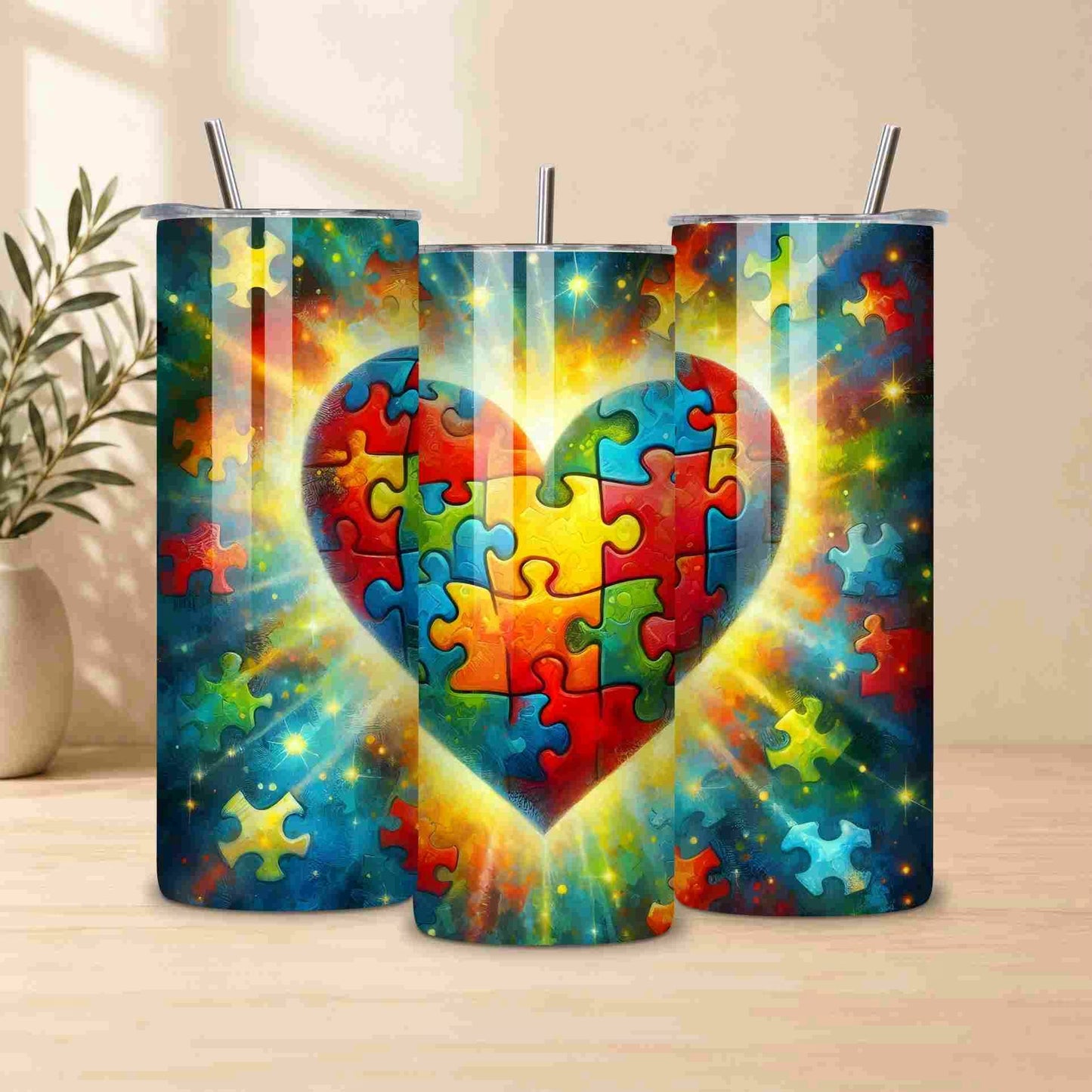 Two tumblers with a colorful heart puzzle design on a wooden surface.