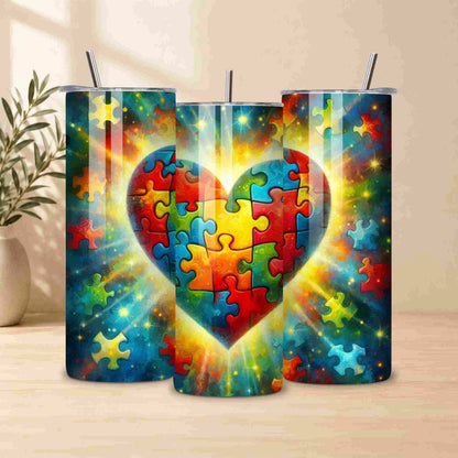 Two tumblers with a colorful heart puzzle design on a wooden surface.