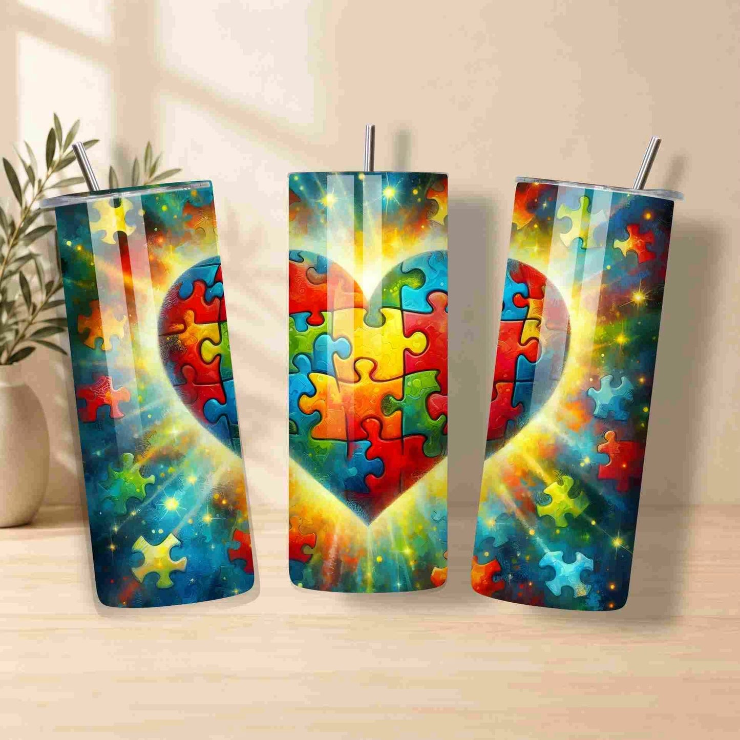 Three colorful tumblers with a heart and puzzle design on a wooden surface.