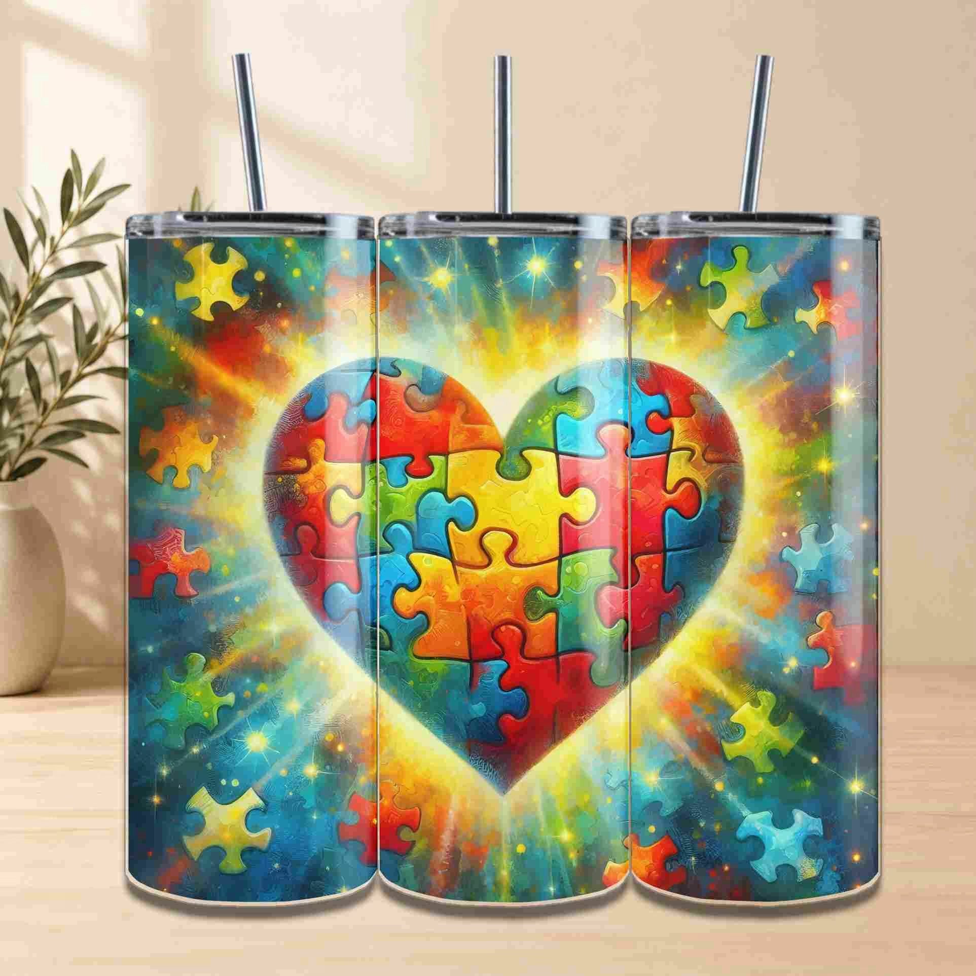 Tumbler with a colorful heart design made of puzzle pieces on a wooden surface.