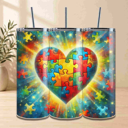 Tumbler with a colorful heart design made of puzzle pieces on a wooden surface.