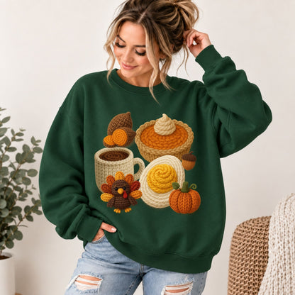 Green crewneck sweatshirt with crocheted Thanksgiving graphic and pumpkin-and-turkey detail