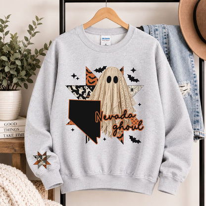 Light gray crewneck sweatshirt with Nevada ghoul state graphic and burlap ghost hood